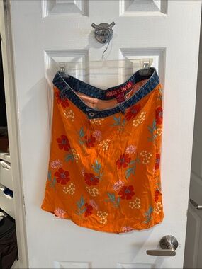 Guess Orange Floral A-Line Skirt with Denim Waistband